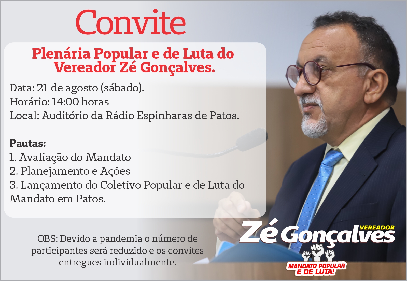 Zé Gonçalves fará Plenária Popular para avaliar o mandato em Patos.